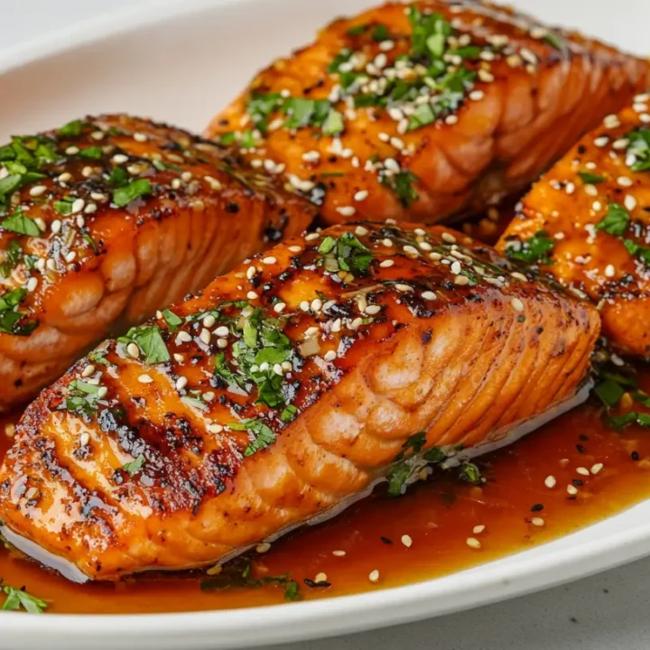 Cajun Honey Butter Salmon with a golden, caramelized crust, glazed in sweet and spicy honey butter