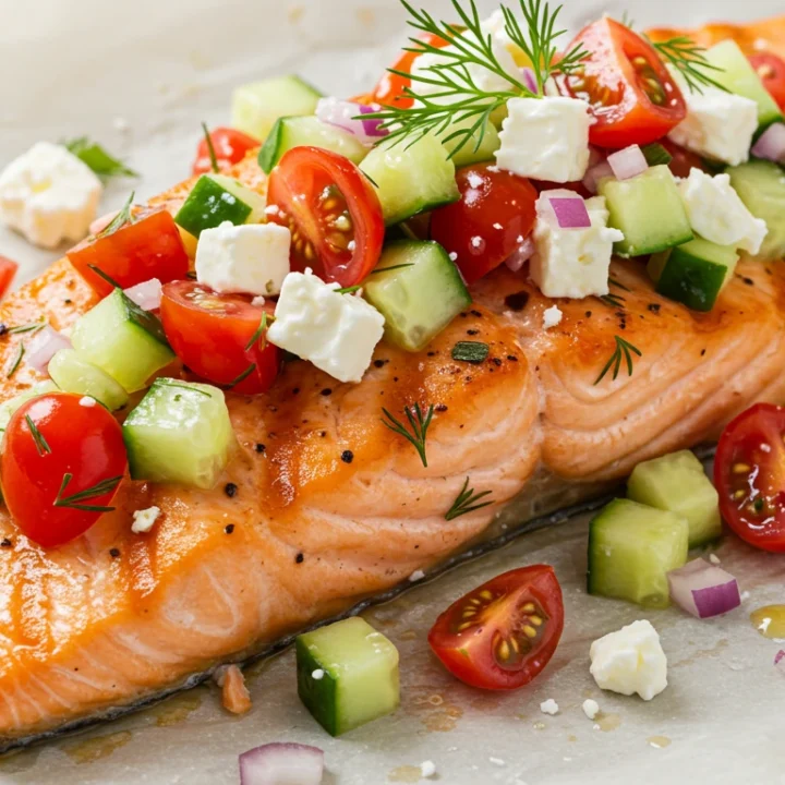 Greek Salmon with fresh herbs, lemon zest, and Mediterranean veggies.