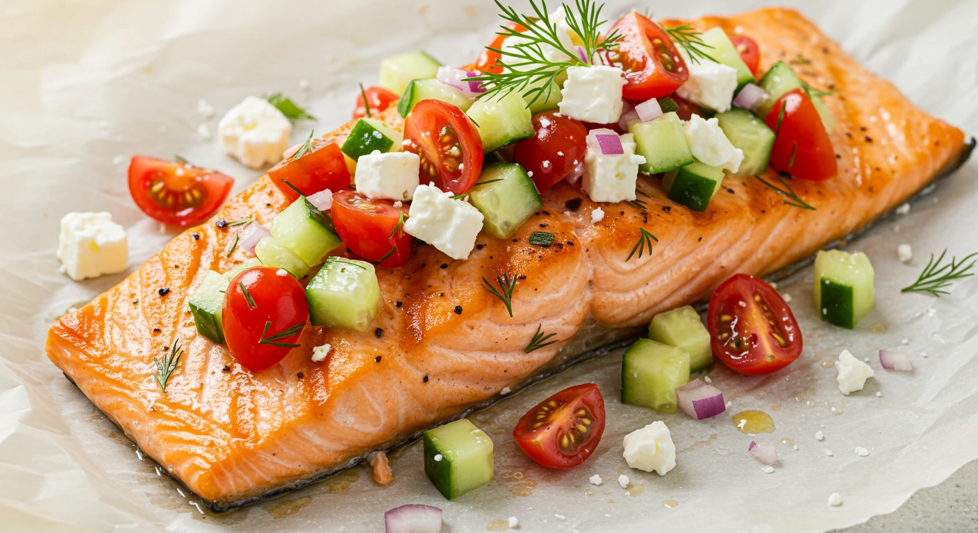 Greek Salmon with fresh herbs, lemon zest, and Mediterranean veggies.