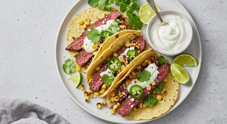 "Street Corn Steak Tacos with Greek yogurt, cotija cheese, and lime."