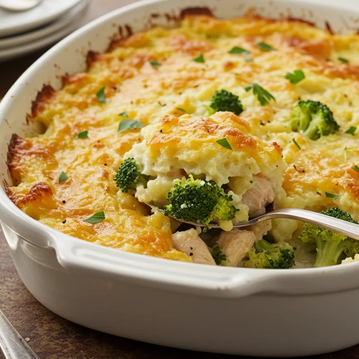 Baked Potato Chicken Broccoli casserole on a plate