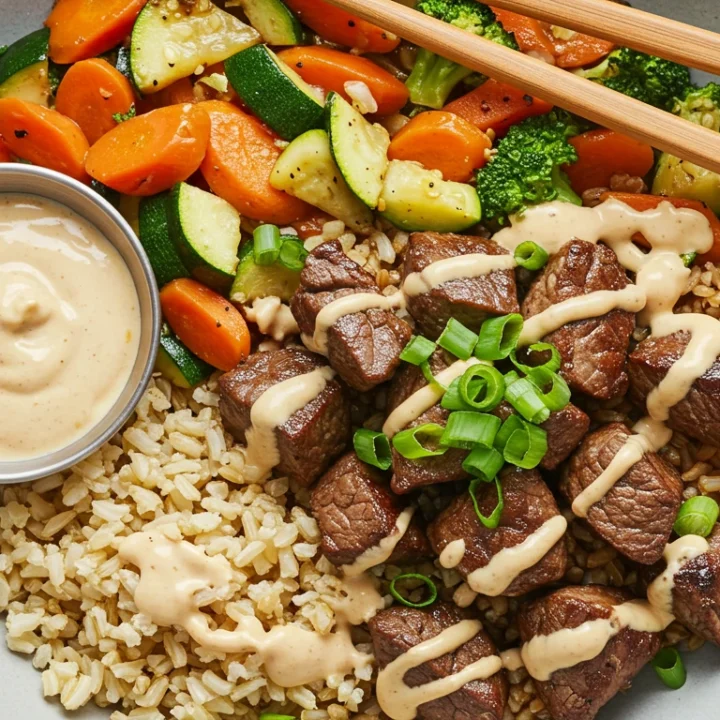 Juicy Hibachi Steak with fried rice, veggies, and dipping sauces on a white plate.