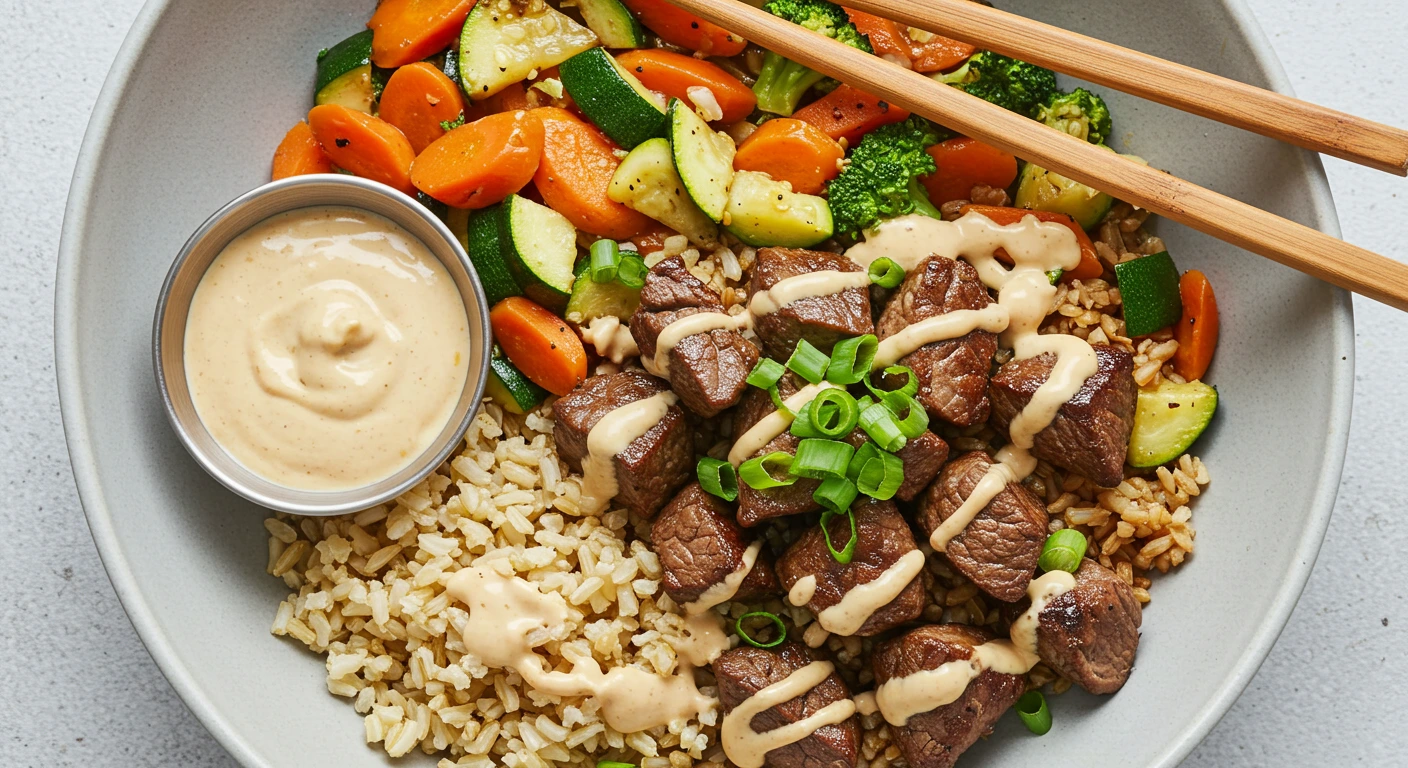 Juicy Hibachi Steak with fried rice, veggies, and dipping sauces on a white plate.