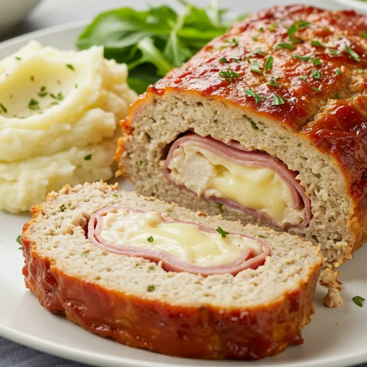 Chicken Cordon Bleu Meatloaf on a white plate with layers of chicken, cheese, and ham