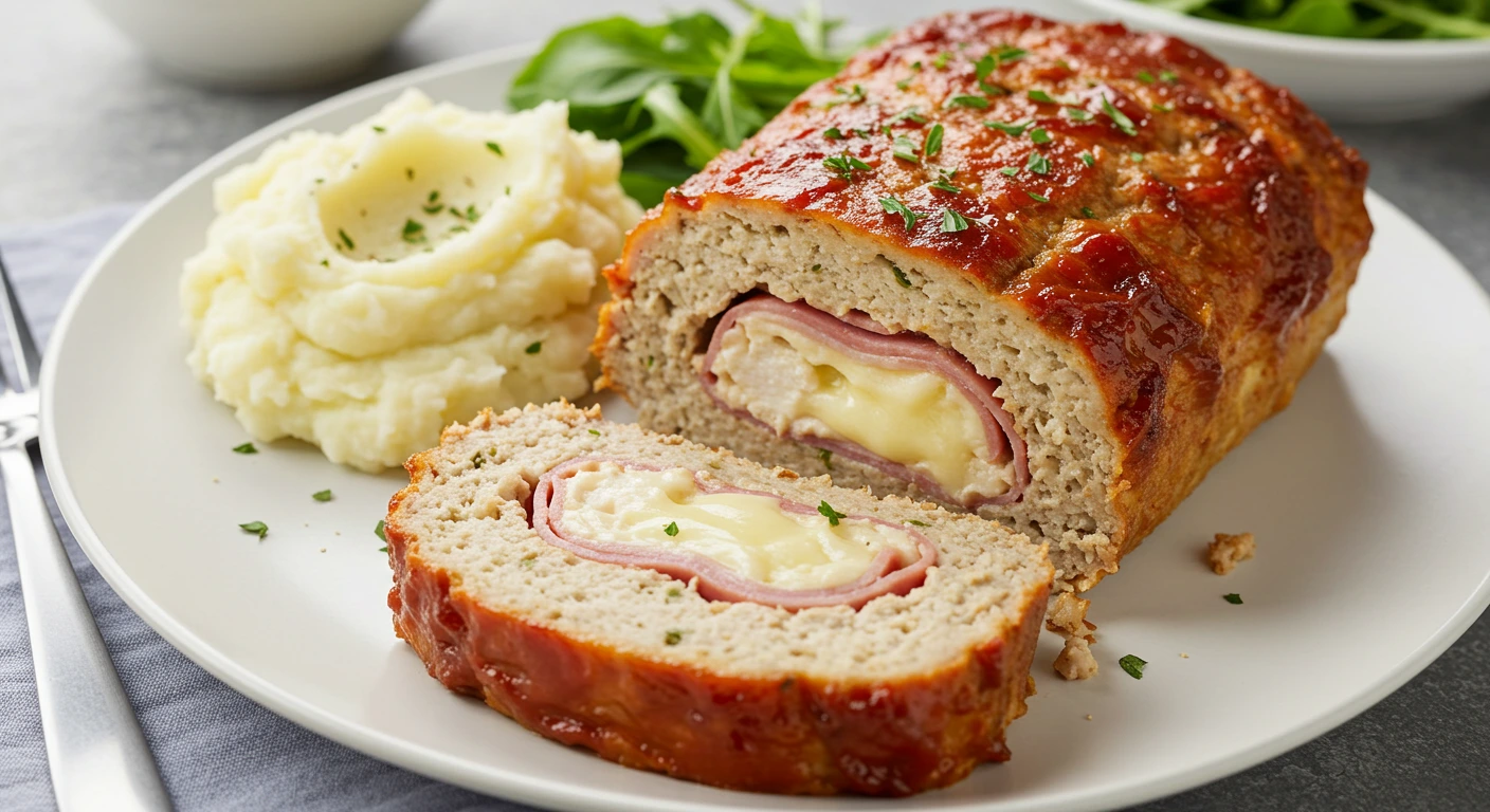 Chicken Cordon Bleu Meatloaf on a white plate with layers of chicken, cheese, and ham