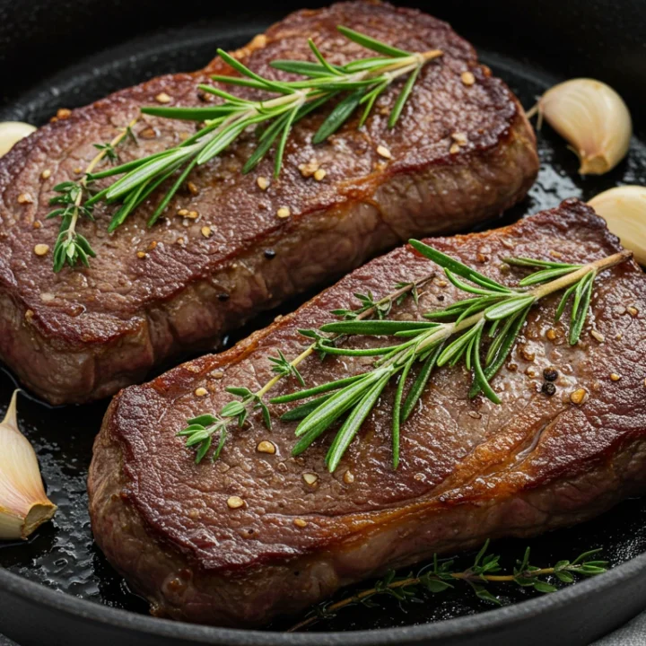 Perfectly grilled New York Strip Steak with herbs