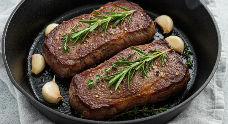 Perfectly grilled New York Strip Steak with herbs