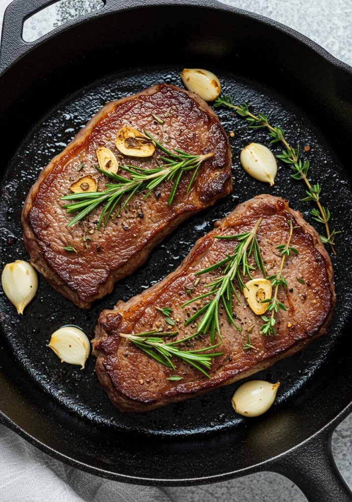 Perfectly grilled New York Strip Steak with herbs