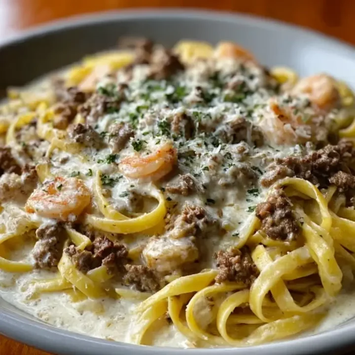 Cheesy Garlic Butter Linguine Pasta with Savory Ground Beef