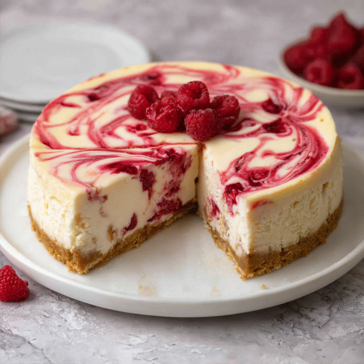 White Chocolate Raspberry Swirl Cheesecake