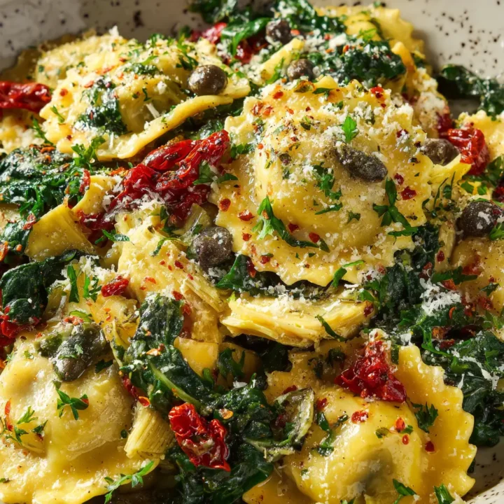 Delicious Italian Ravioli with Spinach, Artichokes, Capers & Sun-Dried Tomatoes