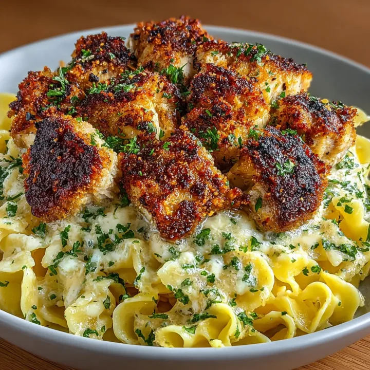Golden Garlic Chicken Bites Over Creamy Parmesan Pasta