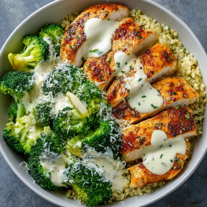 Grilled Chicken & Broccoli Bowls with Creamy Garlic Sauce