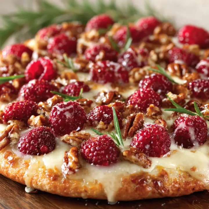 Raspberry Brie Dessert Pizza with Rosemary and Candied Pecans