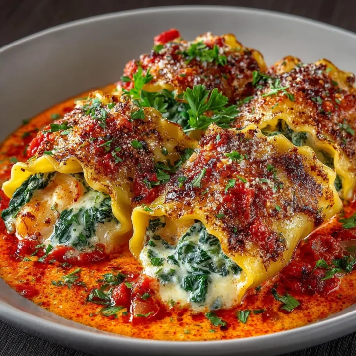 Shrimp & Spinach Stuffed Pasta Rolls with Roasted Red Pepper Cream