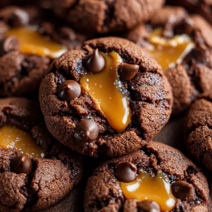 Chocolate Peanut Butter Cookies with Gooey Caramel